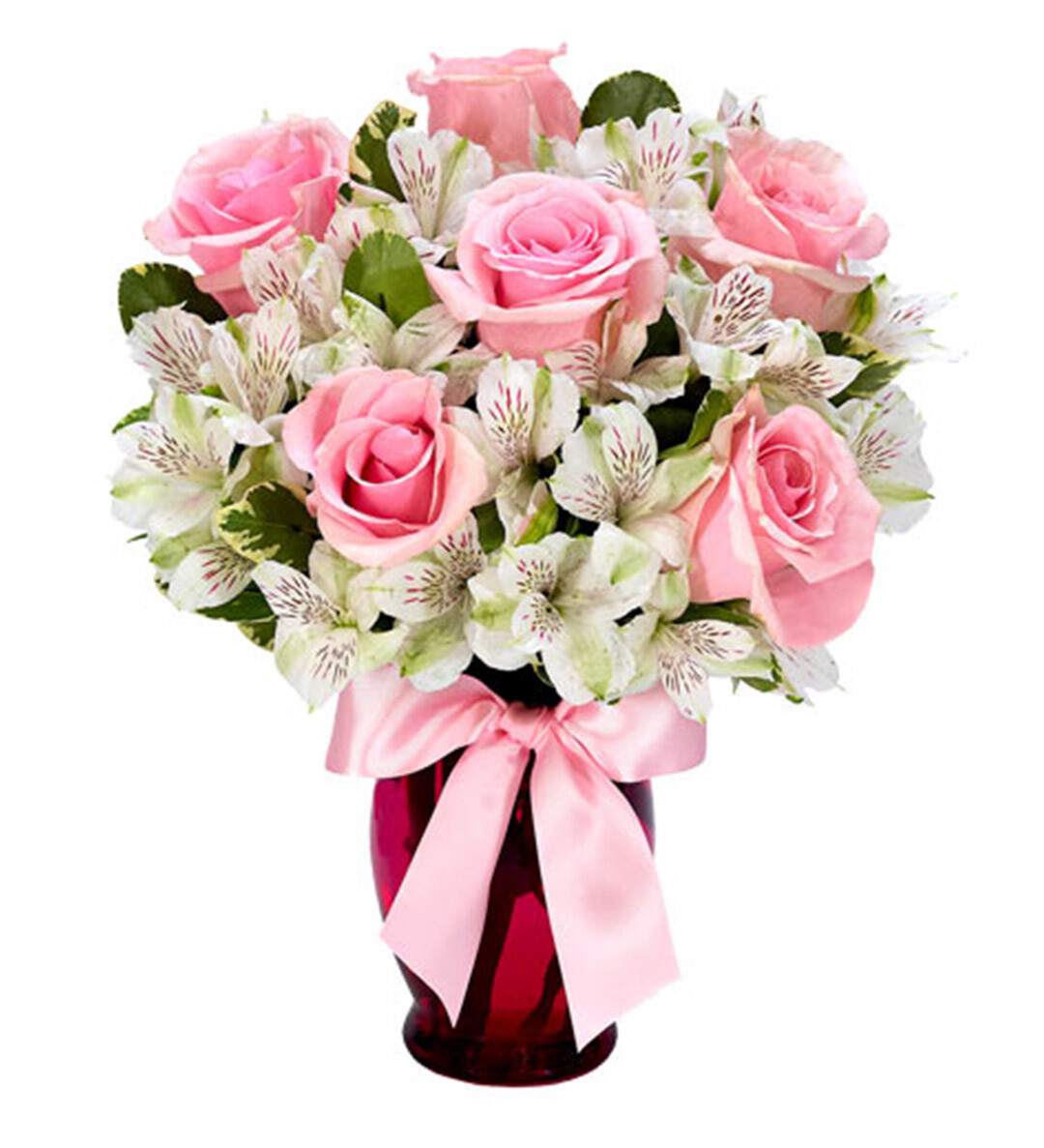 Букет из розовых роз и белых альстромерий